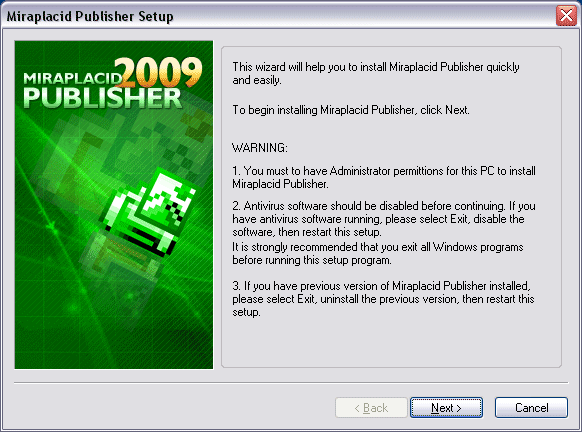 Miraplacid Publisher : Installation Step 1/5