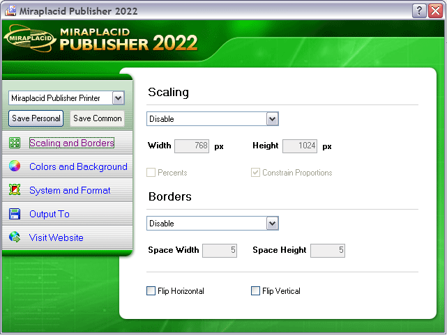 Miraplacid Publisher Scaling and Borders Settings