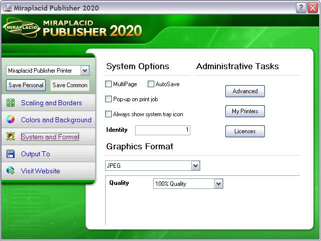 Miraplacid Publisher System and Format Settings