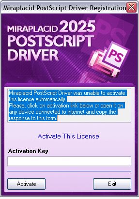 Miraplacid PostScript Driver : Activation Dialog