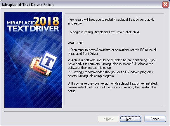 Miraplacid Text Driver : Driver Installation Step 1/3