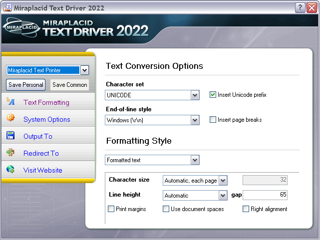 Miraplacid Text Driver Text Formatting Settings