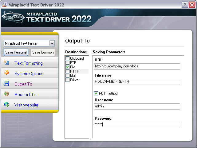 Miraplacid Text Driver Output To: HTTP