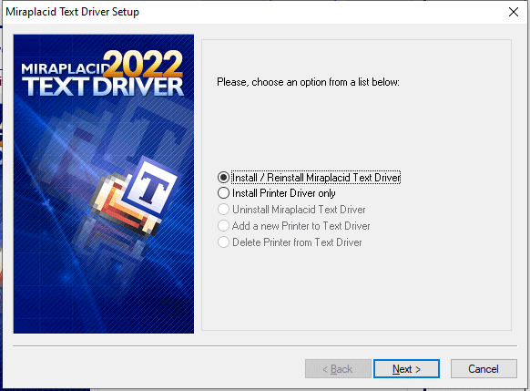 Miraplacid Text Driver : Installation Step 2/5