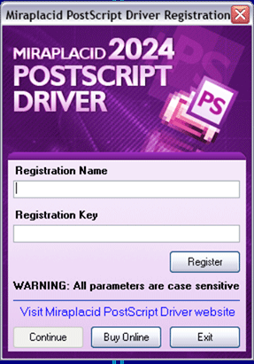 Miraplacid PostScript Driver : Registration Dialog