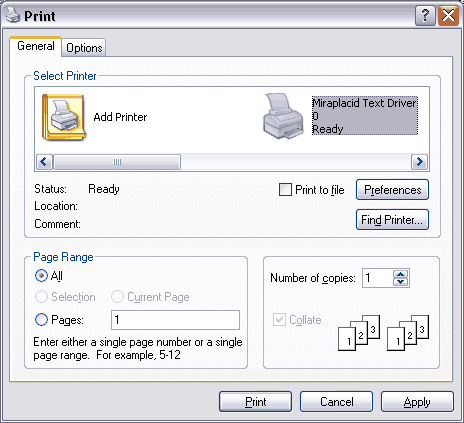 Miraplacid Text Driver : Text Extraction : Print Dialog