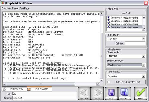 Miraplacid Text Driver : Text Extraction : MTD Dialog