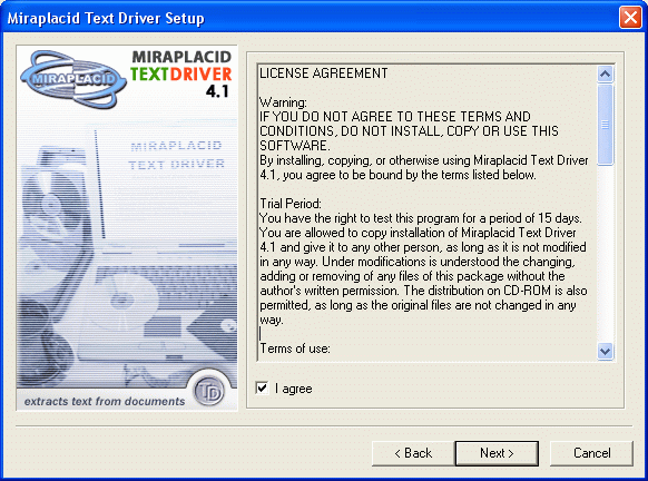 Miraplacid Text Driver : Installation Step 2/5