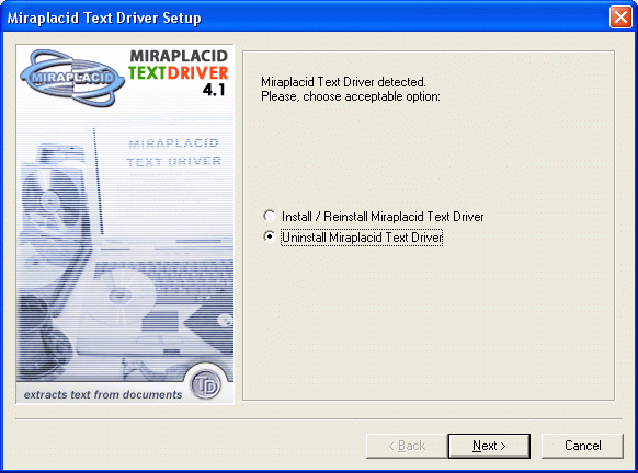 Miraplacid Text Driver : Uninstallation Step 2/3