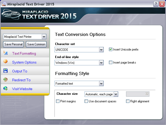 Miraplacid Text Driver Text Formatting Settings