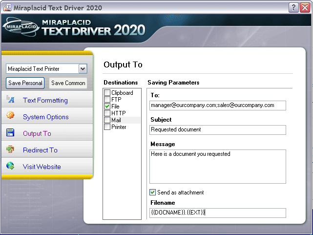 Miraplacid Text Driver Output To: Mail