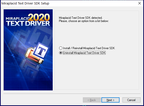 Miraplacid Text Driver : Uninstallation Step 1/2