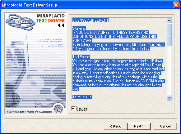 Miraplacid Text Driver : Installation Step 2/5