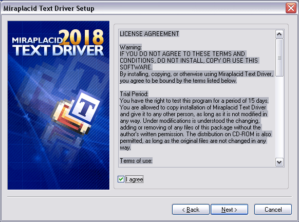 Miraplacid Text Driver : Installation Step 3/5